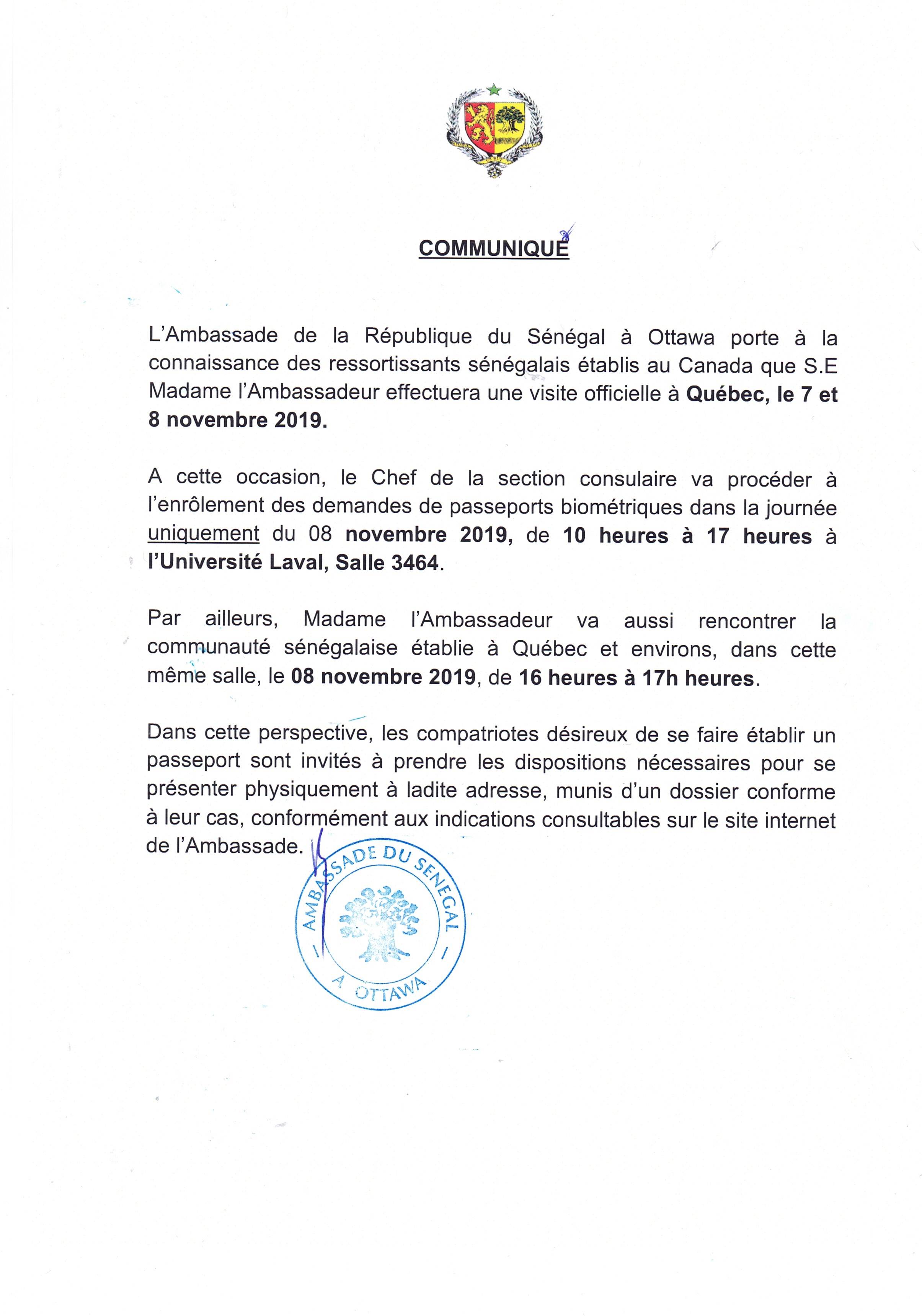 Communiqué Ambassade 2019